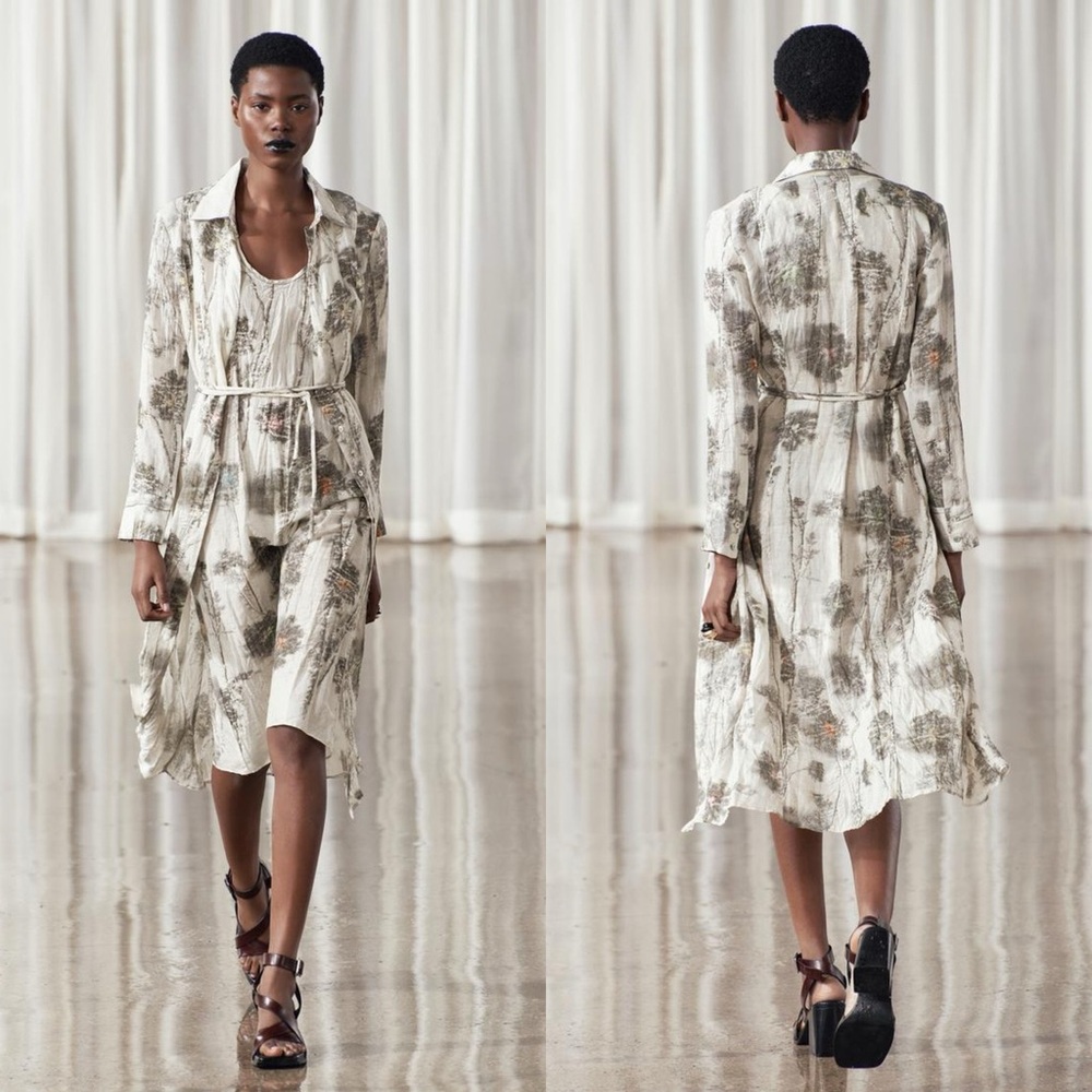 ZARA PRINTED 100% RAMIE SHIRT DRESS ZW COLLECTION SZ XS TWO PIECE SET MIDI DRESS